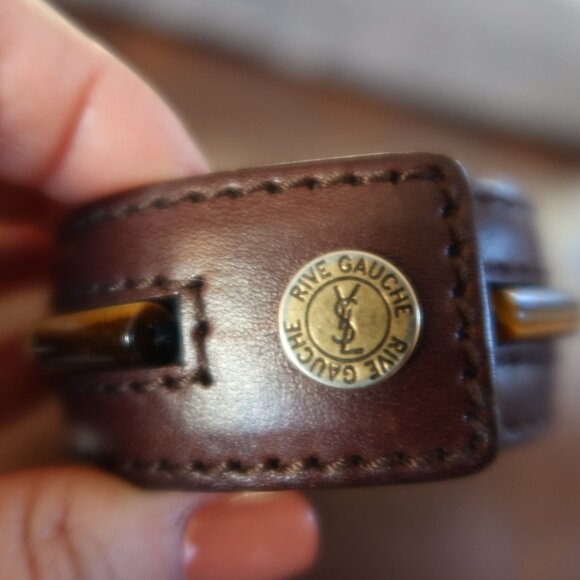 YSL Rive Gauche brown leather bracelet cuff with 9 tiger's eye stones/beads EUC! - Picture 5 of 14